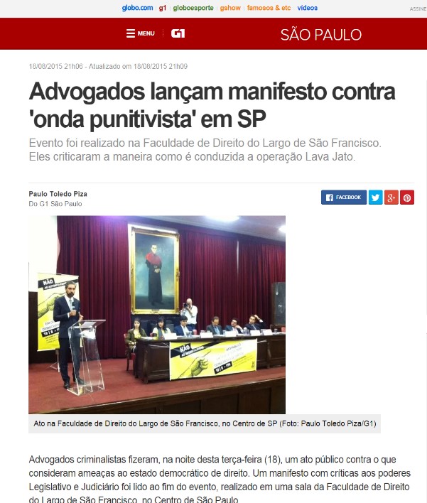 Matéria publicada no Portal G1 no dia 18/08. Leia: http://glo.bo/1IkPANH