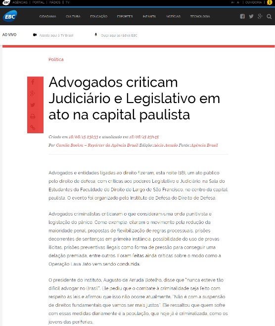 Matéria publicada na Agência de Notícias EBC no dia 18/08. Leia: http://bit.ly/1KQo8JF